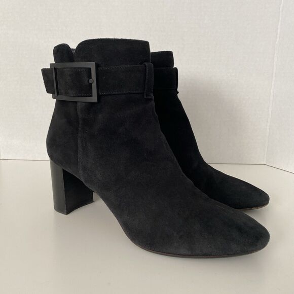 Aquatalia Vanie Black Ankle Boot Suede Round Toe Black Heel Sid Zip 8 - Picture 2 of 9